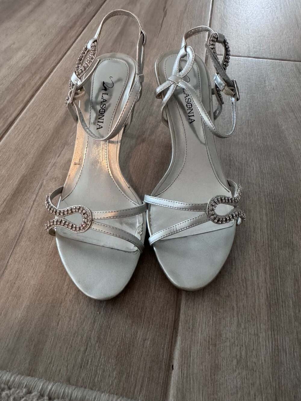 Lasonia Silver Strappy Heels with Rhinestone Details size 8